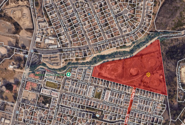 Map showing the proposed development site boundary in red, overlaid on the surrounding Solana Heights streets.